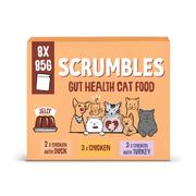 Scrumbles cat food packaging with illustrations of cats and text on a white background