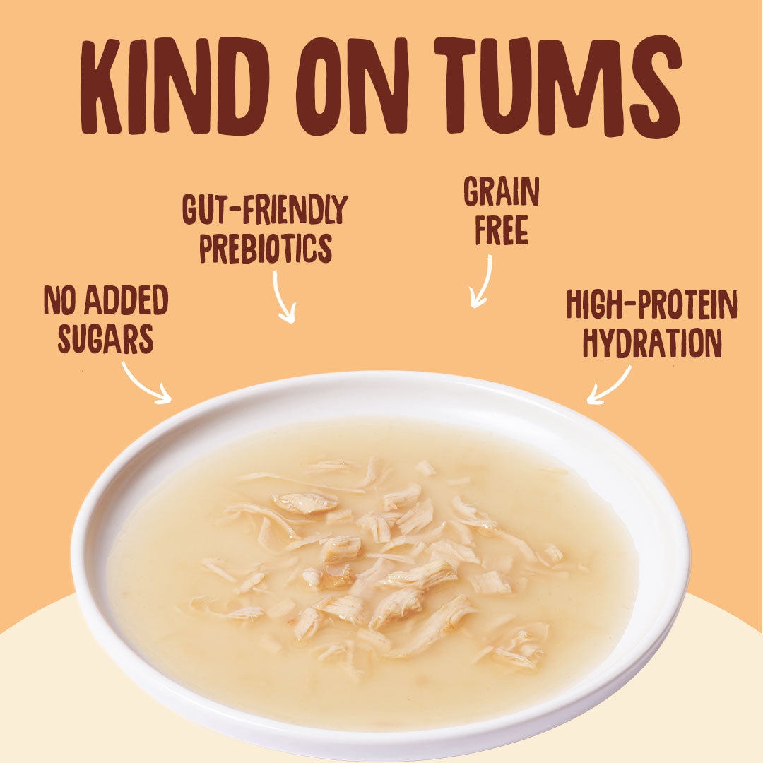 Bowl of soup with health benefits text on a peach background