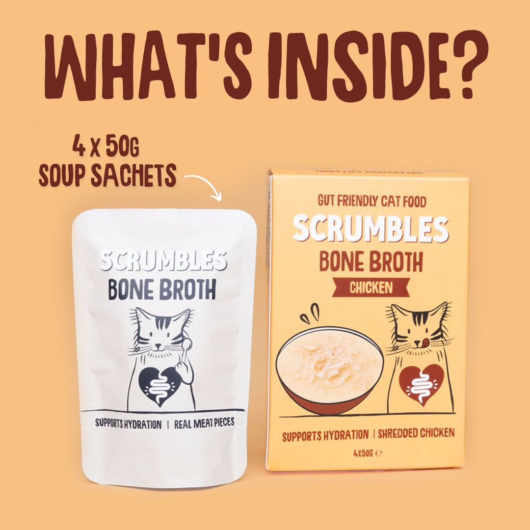 Scrumbles Bone Broth cat food packaging on a beige background with text asking 'What's Inside?'.