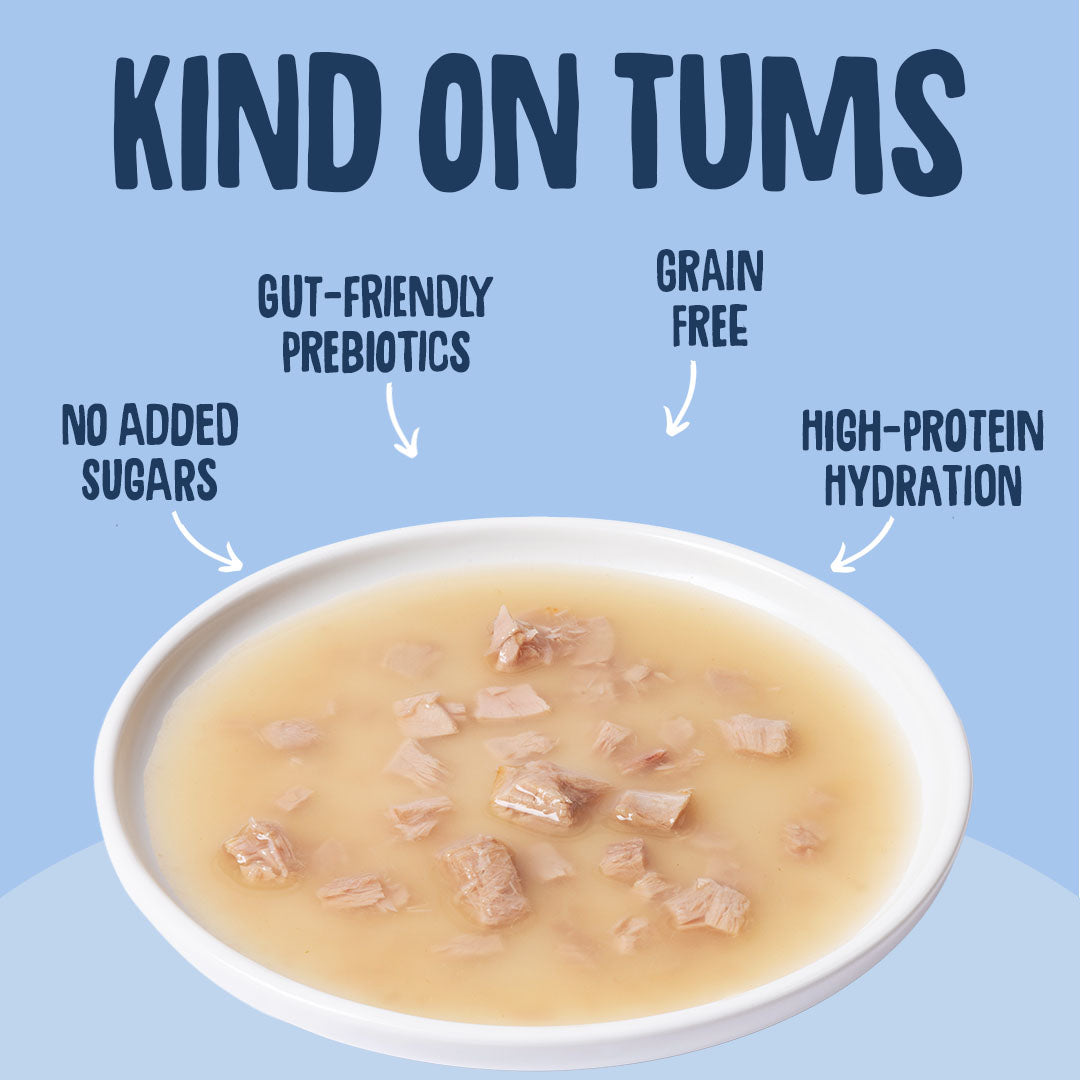  bowl of soup with text highlighting features on a blue background