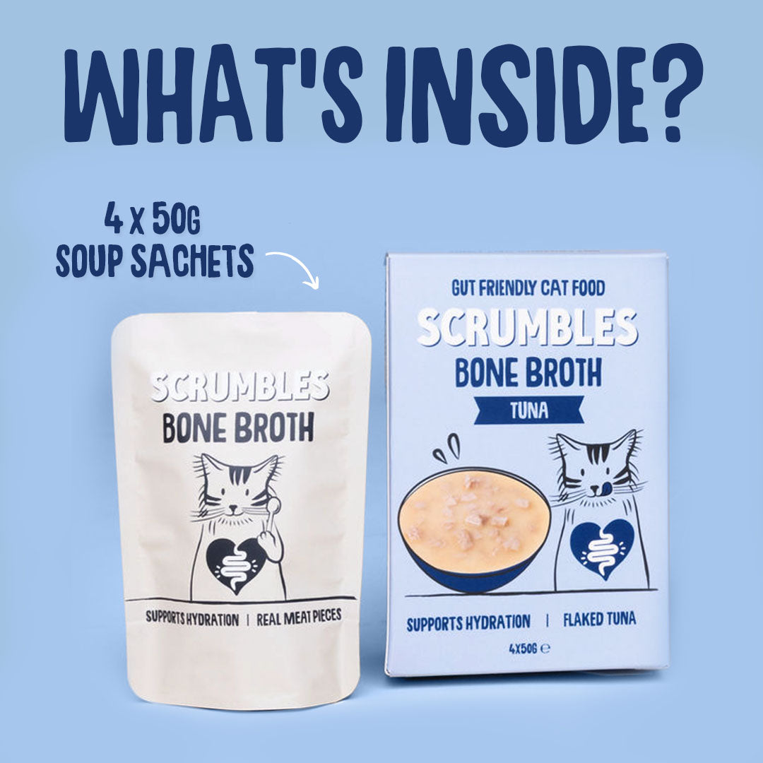Scrumbles Bone Broth cat food packaging with text on a blue background