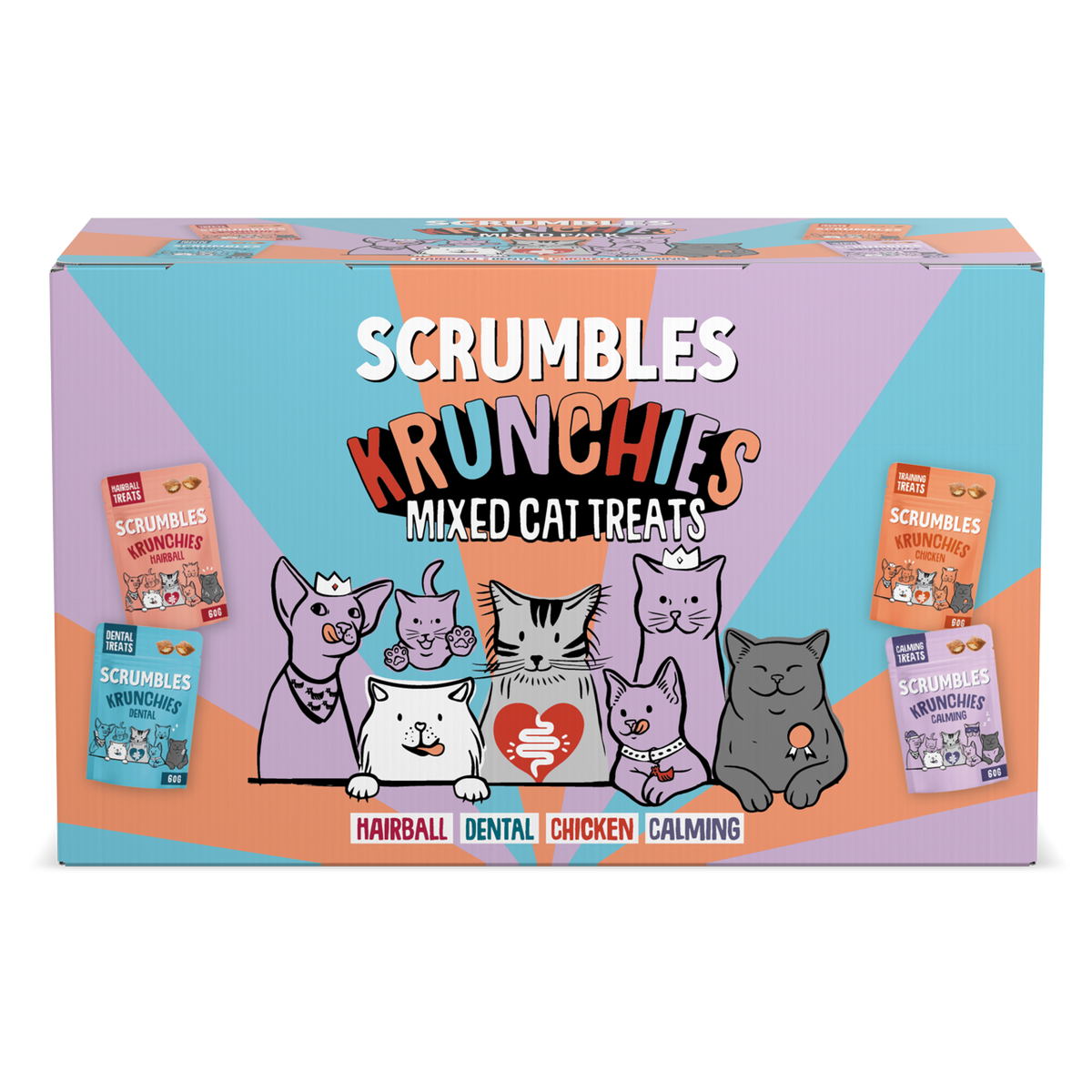 Box of Scrumbles Krunchies mixed cat treats with cartoon cats on a colorful background