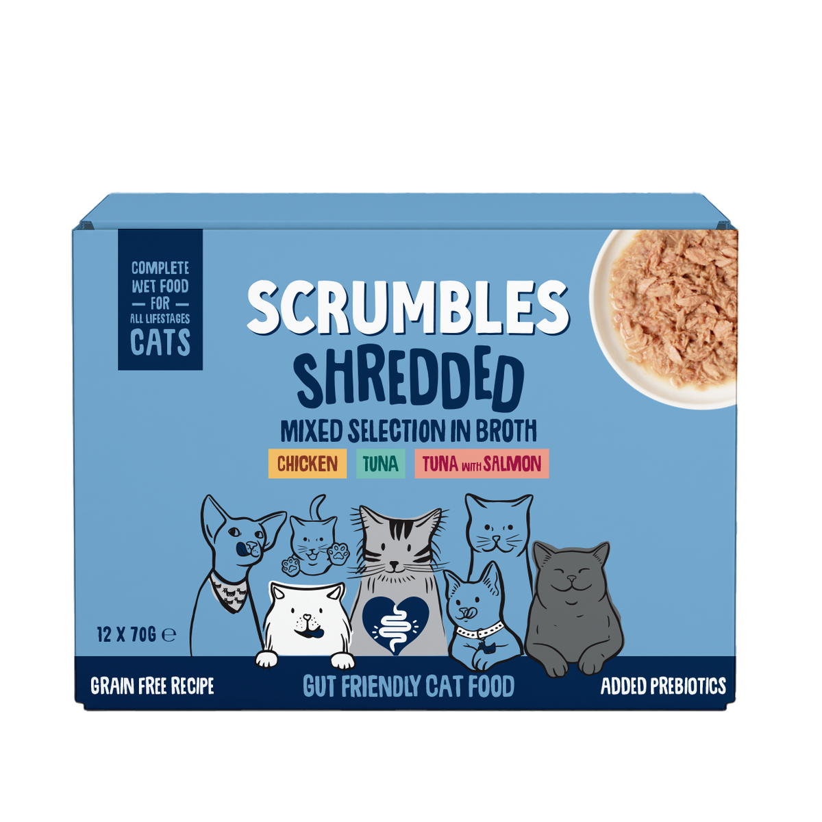 mixed selection shredded cat food in broth