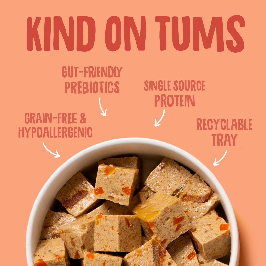 Bowl of Kind on Tums snack with health benefits listed on a peach background