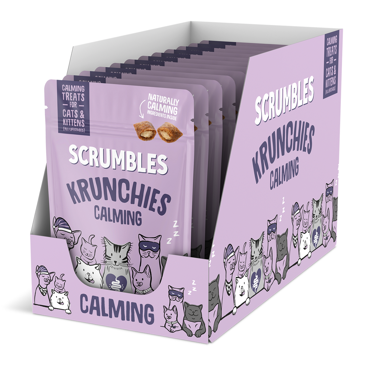 Display of Scrumbles Krunchies Calming cat treats packaging on a white background