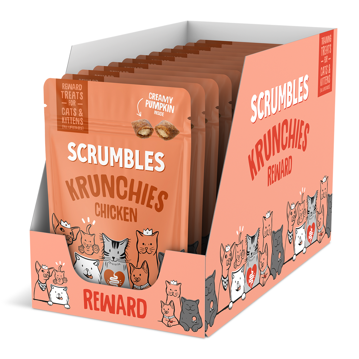 Packaging of Scrumbles Krunchies cat treats with cartoon cats on a white background